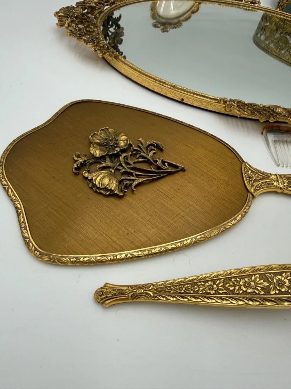 Vintage Gold Vanity Set With Hand Mirror Comb Brush Tray Jewelry Box & Small Fra